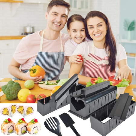 Set ustensile pentru facut sushi Flippy, 10 piese, forma inima inclus, 3 forme clasice, extensibil, finisaj lucios, material ABS, curatare usoara, negru