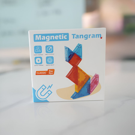 Joc Magnetic Tangram, Flippy, 7 Piese Magnetice, Forme Geometrice, 3 Ani, EVA, ABS, Magnet, 10.5 x 10.5 x 2.2 cm, Multicolor