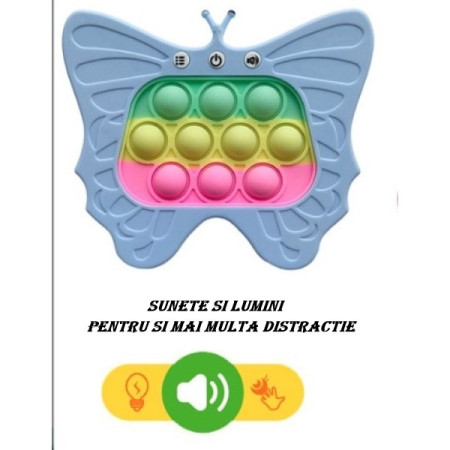 Jucarie Interactiva Tip Consola pentru Copii, Flippy, Diferite Moduri de Joc, 120 Nivele, Material ABS/silicon, Sunete si Lumini, 12 x 5.5 x 13.5 cm cm, Model Fluture, Albastru Deschis