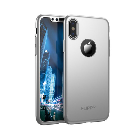 Set Husa si Folie de Protectie, Flippy, Compatibila cu Apple iPhone X, Full Cover 360°, Plastic + Sticla, Argintiu