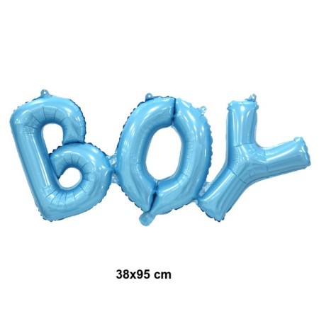 Set Baloane din Folie Metalizată, Flippy, Model Scris Boy, 38x95 cm, Tematica Baby Shower, Baloane Party, Ambalaj Individual, Pai Inclus, Umflare cu Aer sau Heliu, Albastru