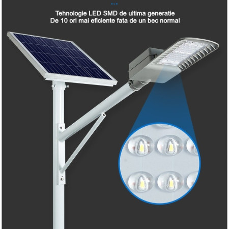 Lampa solara pentru strada sau gradina Flippy, IP65, senzor de lumina, 100 LED-uri SMD, 3150 lm, 500W autonomie 12-16 ore, telecomanda, montare prin fixare, pentru strada sau gradina, finisaj mat, material ABS, 51.5 x 21 x 7.5, lumina alb rece, gri