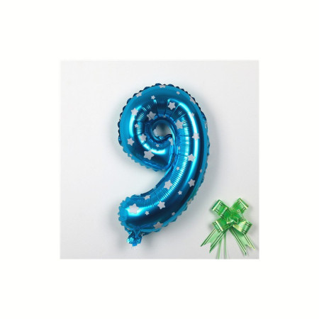 Balon din Folie Metalizata Flippy, Figurina Cifra, Imprimeu Stele, Tema Aniversare 80 cm, Ambalaj Individual, Pai inclus, Umflare cu Aer sau Heliu, Albastru, Cifra 9