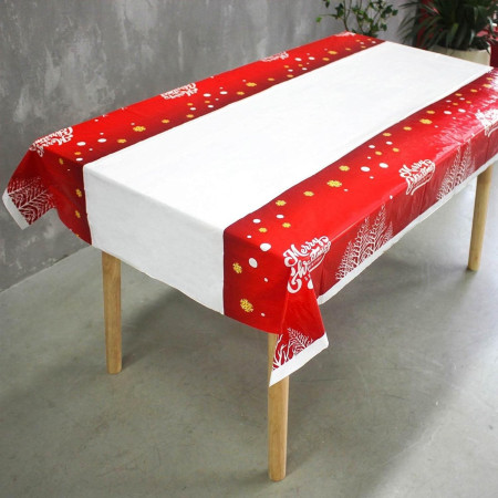 Fata de masa dreptunghiulara Flippy, PVC, 2.5 mm grosime, imprimeu Merry Christmas, potrivit pentru Craciun, utilizare multipla, 180 x 108 cm, alb