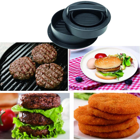 Presa dubla pentru hamburgeri 2 in 1, forma si presa, doua dimensiuni, cu maner, usor de curatat si folosit, material ABS, 100 de foi hartie de copt incluse, 13x13.5x7 cm, fara lipire, neagra