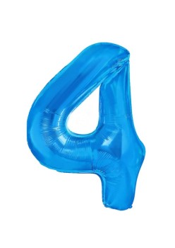 Balon din Folie Metalizata Flippy, Figurina Cifra, Tema Aniversare 40 cm, Ambalaj Individual, Pai inclus, Umflare cu Aer sau Heliu, Albastru, Cifra 4