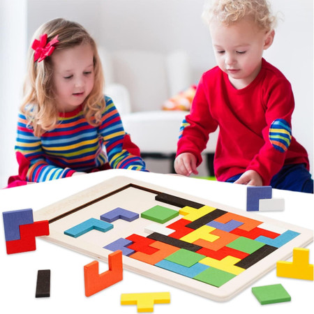 Puzzle Montessori, Flippy, din Lemn, Tip Tetris, +36 Luni, Forme Neregulate, 40 Piese, 26.5 x 17.7 cm, Multicolor