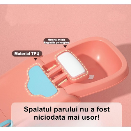 Suport Pliabil pentru Spalat Parul Flippy, Pentru Copii, cu Scurgere, cu Picioare Antialunecare, Material Polipropilena, Suport Cap Reglabil, cu Manere, 110 x 35 x 21 cm, Roz