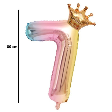 Balon din Folie Metalizata, Flippy, Figurina Cifra Gradient, Tema Aniversare 80 cm, Ambalaj Individual, Pai inclus, Umflare cu Aer sau Heliu, Coronita, Cifra 7