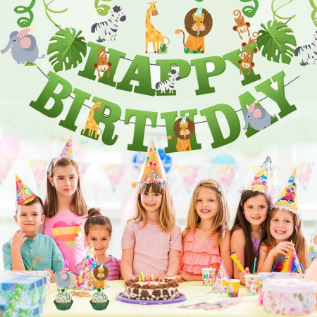 Banner Happy Birthday 100x200 cm, Flippy, Rola de Ata Inclusa, Tematica Jungle, Verde