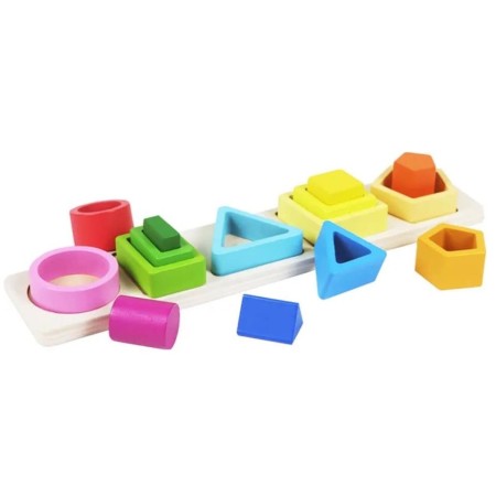 Jucarie Montessori din Lemn, Flippy, Tip Puzzle, cu 5 Forme Asimetrice, 15 Piese, Educativa, Interactiva, Creativa, Model Forme Geometrice, Materiale Non Toxice, pentru Copii peste 2 Ani, Baza 29x6.5 cm, Multicolor