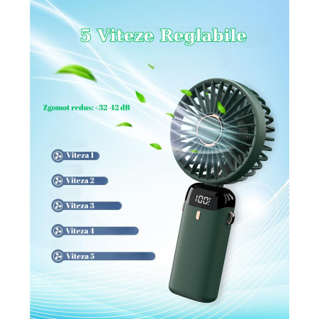 Ventilator Ultra Portabil cu Aromaterapie, Flippy, 3 in 1, de Mana, de Birou, de Gat, 5 Trepte de Viteza, Incarcare USB, Autonomie 12h, Pliabil, cu Ecran LCD, Verde