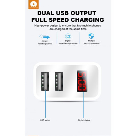 Incarcator Retea Flippy, 2.4A, 2 porturi USB, cu afisaj led WUW-C82, Alb