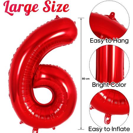 Balon din Folie Metalizata Flippy, Figurina Cifra, Tema Aniversare 80 cm, Ambalaj Individual, Pai inclus, Umflare cu Aer sau Heliu, Rosu, Cifra 6