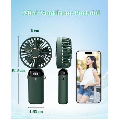 Ventilator Ultra Portabil cu Aromaterapie, Flippy, 3 in 1, de Mana, de Birou, de Gat, 5 Trepte de Viteza, Incarcare USB, Autonomie 12h, Pliabil, cu Ecran LCD, Verde