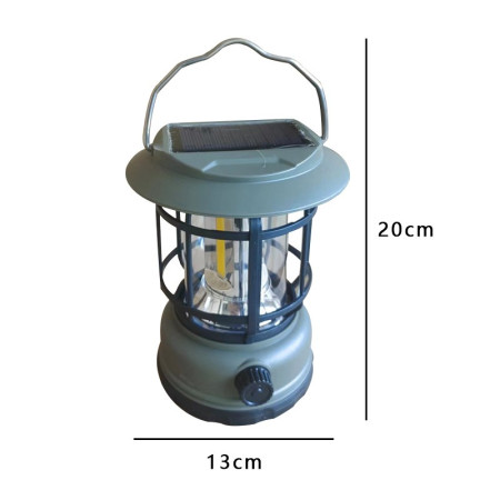 Lampa portabila camping, Felinar Vintage, ABS, Iluminare 30 COB LED, Intensitate reglabila, Acumulator inclus, Incarcare Solara si USB, 5W, Flippy, Verde