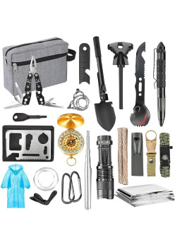 Kit supravietuire multifunctional Flippy, Instrumente profesionale, Agatatoare ghiozdan, pentru Camping, Drumetii, Aventuri in aer liber, borseta inclusa, gri