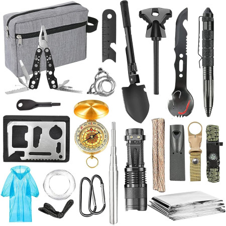 Kit supravietuire multifunctional Flippy, Instrumente profesionale, Agatatoare ghiozdan, pentru Camping, Drumetii, Aventuri in aer liber, borseta inclusa, gri