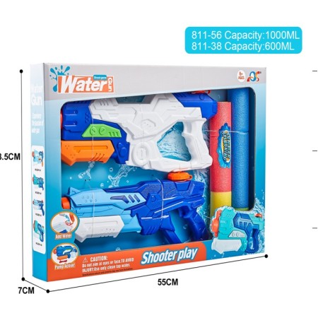 Set 2x Pistol cu Apa pentru Copii, Rezervor, Pentru Piscina/Plaja, Flippy, 6ani+, Alb/Albastru + Albastru, 1000 ML + 600 ML