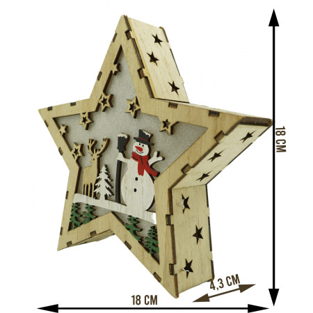 Decoratiune luminoasa, model de Stea cu Om de zapada, maro, lungime: 18 cm, latime: 18 cm, inaltime: 4 cm, lemn, interior/exterior