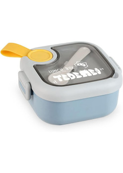 Caserola pentru copii Flippy, lunch box, 750 ml, doua boluri, lingura, foarfeca din plastic, rezistenta la scurgeri, Albastra