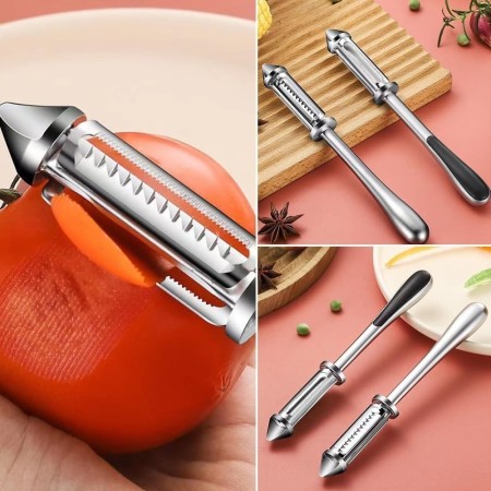 Peeler 2in1 pentru Legume si Fructe, Flippy, Multifunctional, cu 2 Lame de Curatati si Feliat, Varf Ascutit pentru Gaurit, 18 cm, din Otel Inoxidabil, Argintiu/Negru