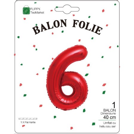 Balon din Folie Metalizata Flippy, Figurina Cifra, Tema Aniversare 40 cm, Ambalaj Individual, Pai inclus, Umflare cu Aer sau Heliu, Rosu, Cifra 6