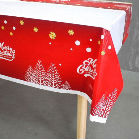 Fata de masa dreptunghiulara Flippy, PVC, 2.5 mm grosime, imprimeu Merry Christmas, potrivit pentru Craciun, utilizare multipla, 180 x 108 cm, alb