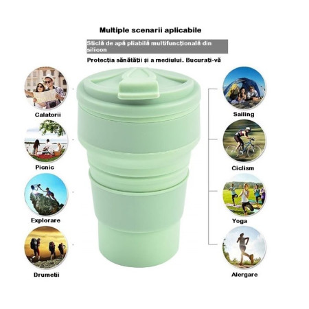 Pahar pliabil din silicon Flippy, pentru calatorii, camping, 500 ml, verde