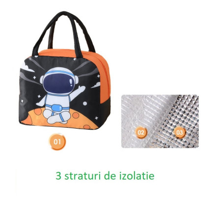 Geanta Termoizolanta pentru Copii, Flippy, 23x13x19 cm, Model Imprimeu Astronaut, din Folie de Aluminiu si Panza Oxford, Negru/Portocaliu