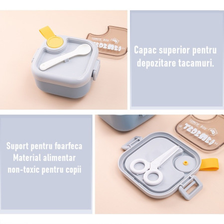 Caserola pentru copii Flippy, lunch box, 750 ml, doua boluri, lingura, foarfeca din plastic, rezistenta la scurgeri, Albastra