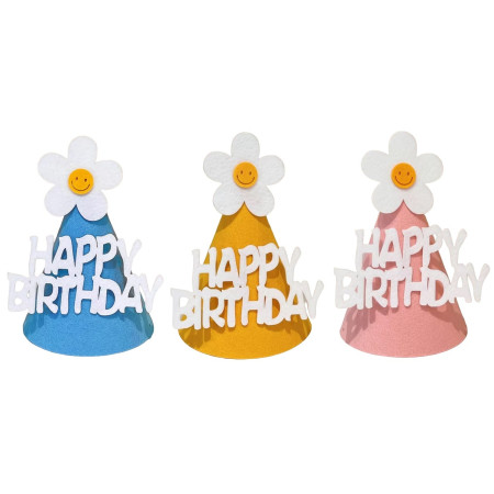 Set 3 Coifuri Happy Birthday, Flippy, pentru Petrecere, Tematica Aniversare, cu Floare din Spuma, Multicolor