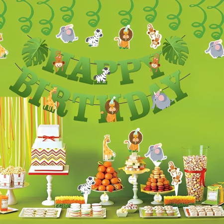 Banner Happy Birthday 100x200 cm, Flippy, Rola de Ata Inclusa, Tematica Jungle, Verde