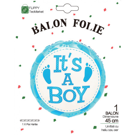 Balon din Folie Metalizata, Flippy, Figurina Rotunda, Model It's a Boy, Tema Gender Reveal, 45 cm, Ambalaj Individual, Pai Inclus, Umflare cu Aer sau Heliu, Albastru