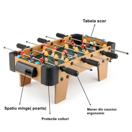 Masa de fotbal cu teren si 18 jucatori Flippy, 6 manere, cu tablou pentru scor, din metal, lemn si ABS, 51 x 44 x 17.5 cm, cu picioare, pentru copii/adulti