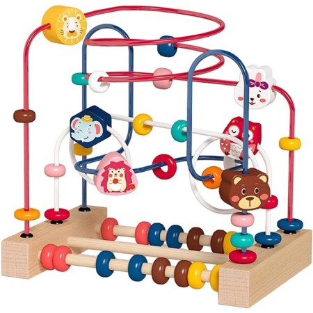 Jucarie din Lemn Montessori, Flippy, Labirint Motricitate cu Abac si Animalute, Rollercoaster pentru Copii, Educativ, Dezvoltarea Abilitatilor Motorii, Numaratoare, 22.5x22.5x15 cm, Multicolor