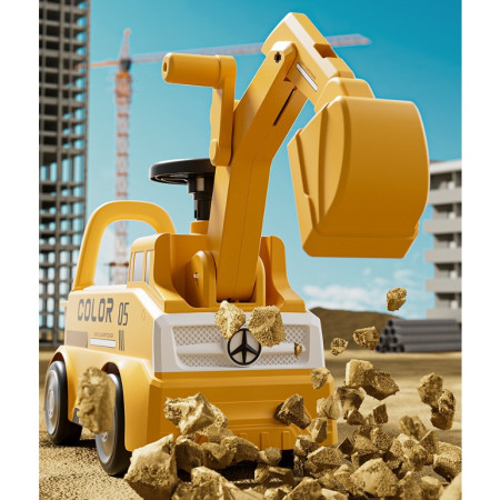 Excavator Manual pentru copii, Flippy, 3 ani, Sport, Claxon, Cutie Depozitare, Lumini, Scaun, 62x26x47 cm, Galben