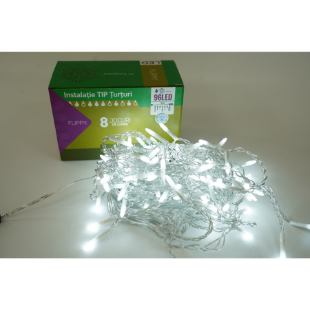 Instalatie de Craciun Flippy® Tip Turturi, 8 jocuri de lumini Sectiune 3 m, 96 LED-uri, Interconectabila, Fir Transparent, Alb Rece