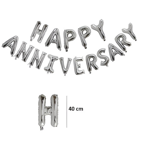 Set Baloane din Folie Metalizată, Flippy, Model Happy Anniversary, Litere de 40 cm, Baloane Party, Ambalaj Individual, Pai inclus, Umflare cu Aer sau Heliu, Argintiu