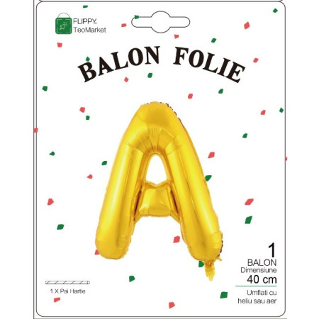 Balon Folie Metalizata Litera A, Flippy, 40 cm, Umflati cu Heliu sau Aer, Ambalaj Individual, Pai inclus, Auriu