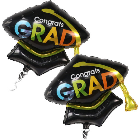 Balon din Folie Metalizata, Flippy, Figurina, Model Toca Congrats Grad, Tematica Absolvire,  66x66 cm, Ambalaj Individual, Pai Inclus, Umflare cu Aer sau Heliu, Negru