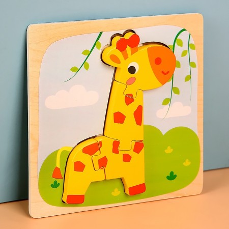 Puzzle Montessori din Lemn pentru Copii, Flippy, 3D, 0-3 Ani, Model Girafa, Educativ, Intuitiv, Creativ, 4 Piese, 15x15x0.5 cm, Multicolor