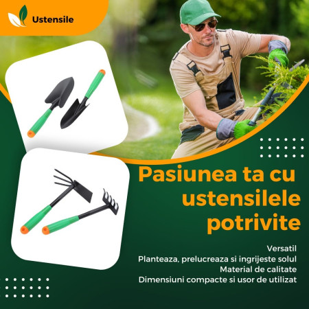 Set 4 Unelte de Gradina Flippy, pentru Plantare Prelucrare Sol si Ingrijire Plante, Material PVC si cardboard, 31.5 x 8.5 cm, verde