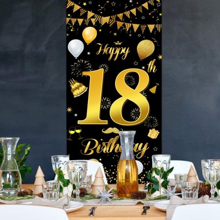 Banner pentru Petrecere, Flippy, Model Happy Birthday, Tematica Majorat, Aniversare 18 Ani, 185x90 cm, Negru