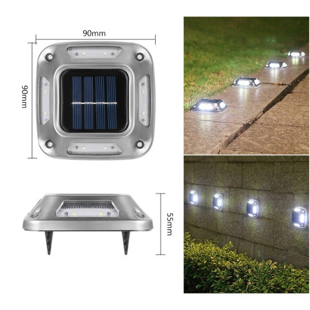 Lampa solara LED pentru gradina Flippy, 8 LED-uri, prindere de perete sau impamantare, IP65, forma patrat, material ABS si Policarbonat, 9 x 9 cm, baterie 1.2V, 600 mah, alb rece