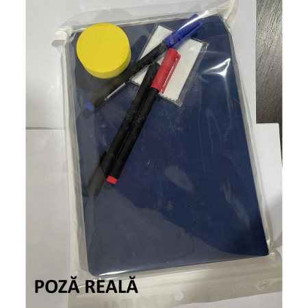 Set Agenda A5 Reutilizabila cu Pagini Tip Tabla, Agenda Pagini Albe cu Stergere Uscata, 3 Markere, 1 Burete și 1 Laveta de sters, Portabila, 24 x 16.5 cm, Coperta Piele, Albastru