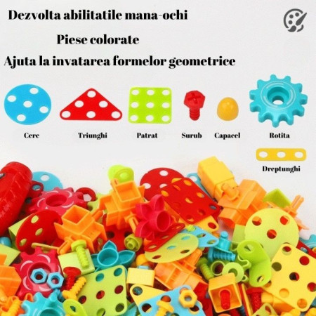 Jucarie Educativa Si Interactiva, Flippy, Set De Constructie Puzzle Din ABS Cu Bormasina Pentru Dezvoltatea Creativitatii Si A Indemanarii 2D si 3D, Valiza, +3, 31x7x25 cm, 338 Piese