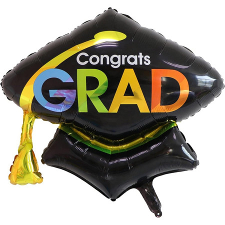 Balon din Folie Metalizata, Flippy, Figurina, Model Toca Congrats Grad, Tematica Absolvire,  66x66 cm, Ambalaj Individual, Pai Inclus, Umflare cu Aer sau Heliu, Negru