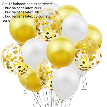 Set 15 baloane pentru petrecere, Flippy, alb/auriu, 30 cm