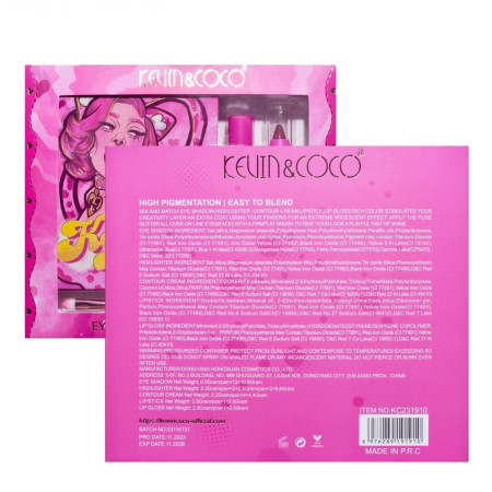 Set 4 Produse de Machiaj, KEVIN & COCO, Pink Loving-heart Leopard Girl, 18 culori, 20.5 x 18.2 x 2.2 cm